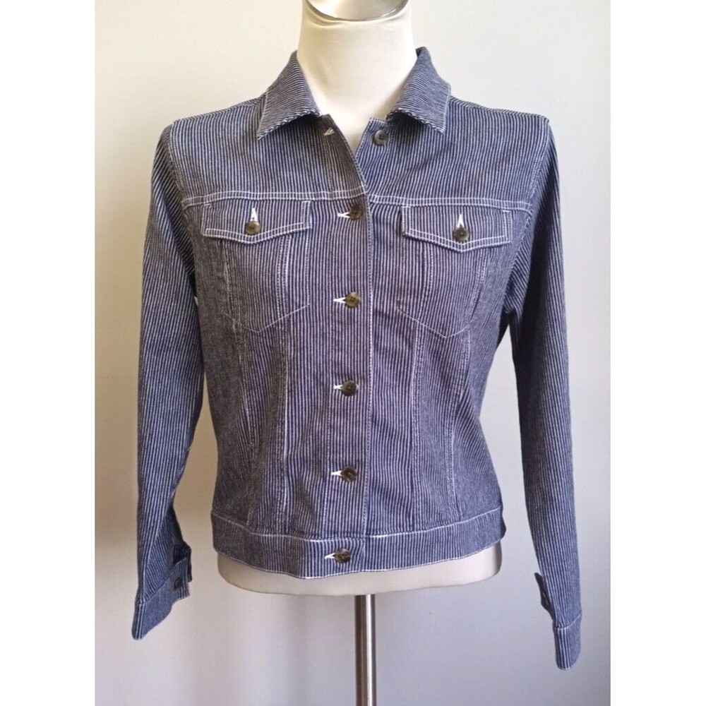Covington Stretch Blue & White Striped Demin Jean Jacket Size 12